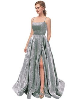 Topfountonart Women's Prom Dresses Formal Evening Dress Spaghetti Straps Neck Glitter Party Dress with Pockets