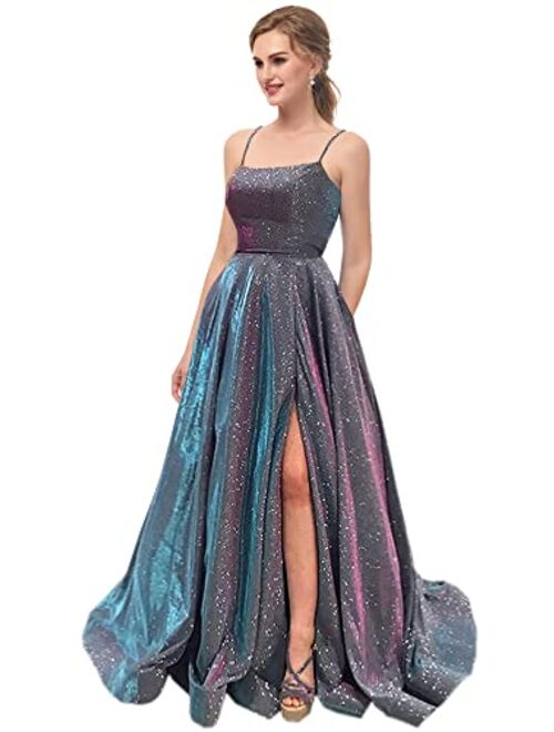 Topfountonart Women's Prom Dresses Formal Evening Dress Spaghetti Straps Neck Glitter Party Dress with Pockets