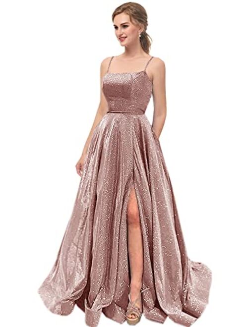 Topfountonart Women's Prom Dresses Formal Evening Dress Spaghetti Straps Neck Glitter Party Dress with Pockets