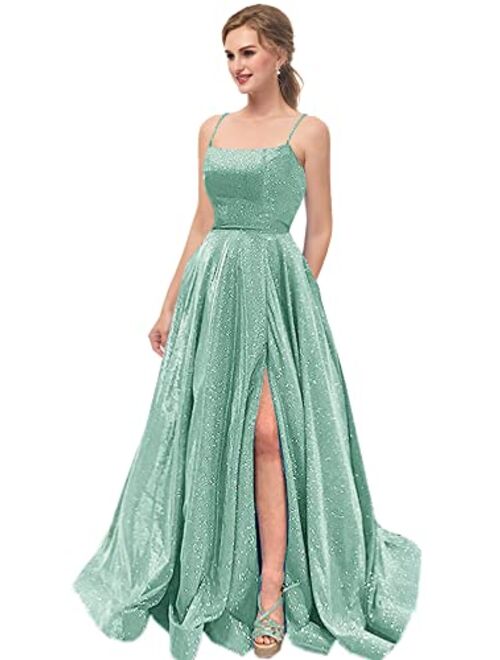 Topfountonart Women's Prom Dresses Formal Evening Dress Spaghetti Straps Neck Glitter Party Dress with Pockets