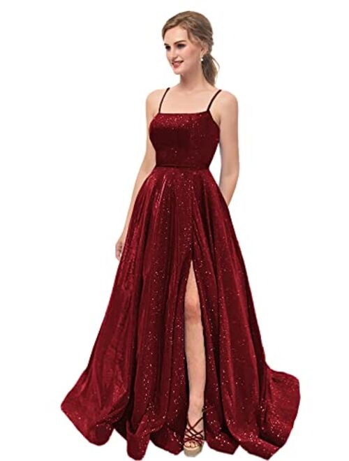 Topfountonart Women's Prom Dresses Formal Evening Dress Spaghetti Straps Neck Glitter Party Dress with Pockets