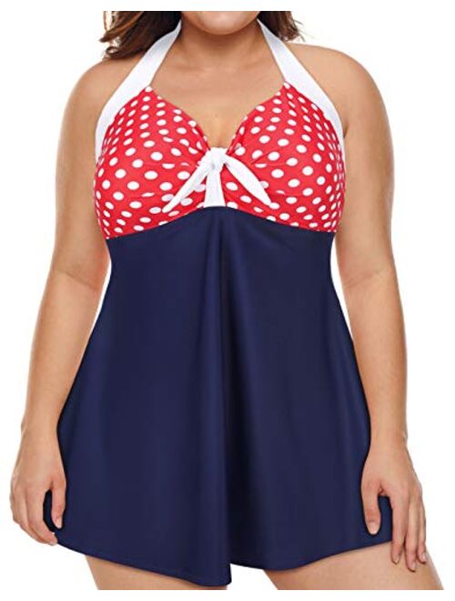 HDE Women's One Piece Swimdress Plus Size Tummy Control Boy Short Retro Swimsuit