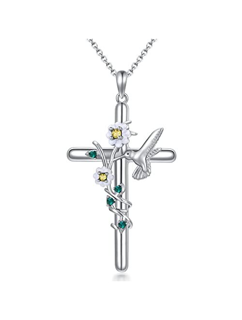 Flpruy Cross Necklace for Women 925 Sterling Silver Butterfly/Ladybug/Hummingbird/Dragonfly/Faith/Stethoscope Pendant Birthday Jewelry Gifts with Gift Box for Women Girls