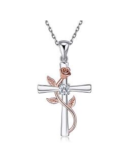 BlingGem Cross Necklaces for Women Sterling Silver Dainty Religious Cross Pendant White/Rose/Gold Plated Cubic Zirconia Rose Flower Necklace Birthday Anniversary Jewelry 