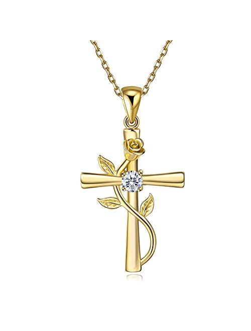 BlingGem Cross Necklaces for Women Sterling Silver Dainty Religious Cross Pendant White/Rose/Gold Plated Cubic Zirconia Rose Flower Necklace Birthday Anniversary Jewelry 