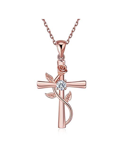 BlingGem Cross Necklaces for Women Sterling Silver Dainty Religious Cross Pendant White/Rose/Gold Plated Cubic Zirconia Rose Flower Necklace Birthday Anniversary Jewelry 