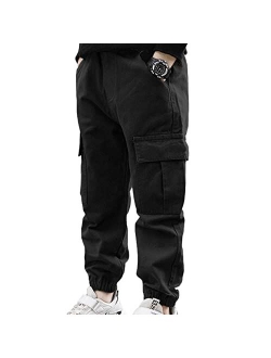 Freebily Kids Boys' Elastic Waistband Cotton Cargo Jogger Pants with Pockets Athletic Sports Sweatpants for Streetwear