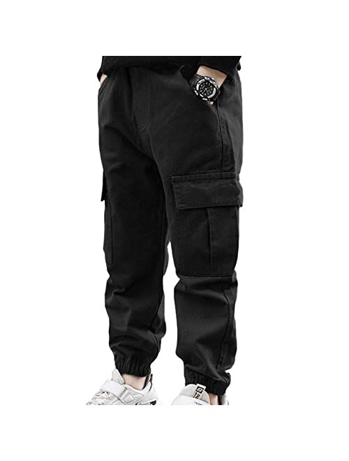 Freebily Kids Boys' Elastic Waistband Cotton Cargo Jogger Pants with Pockets Athletic Sports Sweatpants for Streetwear