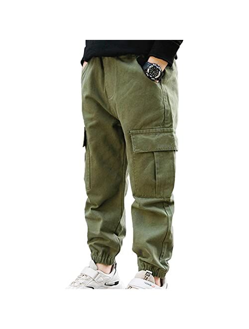 Freebily Kids Boys' Elastic Waistband Cotton Cargo Jogger Pants with Pockets Athletic Sports Sweatpants for Streetwear