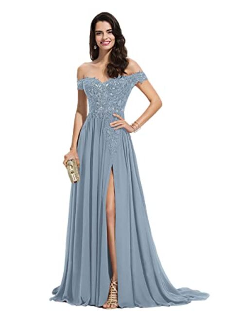 Miao Duo Women's Off The Shoulder Long Prom Dresses with Slit Lace Appliqued Chiffon Formal Party Gowns MD8542