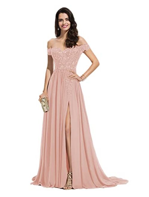 Miao Duo Women's Off The Shoulder Long Prom Dresses with Slit Lace Appliqued Chiffon Formal Party Gowns MD8542