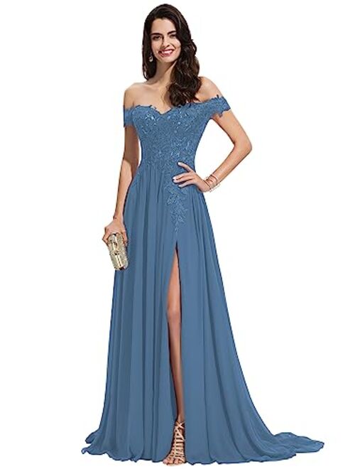 Miao Duo Women's Off The Shoulder Long Prom Dresses with Slit Lace Appliqued Chiffon Formal Party Gowns MD8542