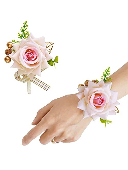 MYQNS Wrist Corsage and Boutonniere Set, Handmade Rose Boutonniere for Men Wedding, Bridal Bridesmaid Hand Flower Corsage Wristlet for Wedding