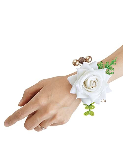 MYQNS Wrist Corsage and Boutonniere Set, Handmade Rose Boutonniere for Men Wedding, Bridal Bridesmaid Hand Flower Corsage Wristlet for Wedding