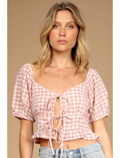 Lulus Pick A Posy Pink Gingham Tie-Front Puff Sleeve Top