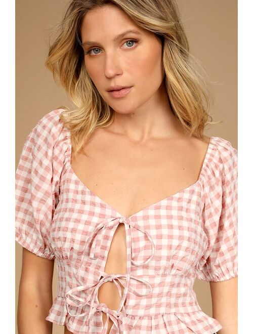 Lulus Pick A Posy Pink Gingham Tie-Front Puff Sleeve Top