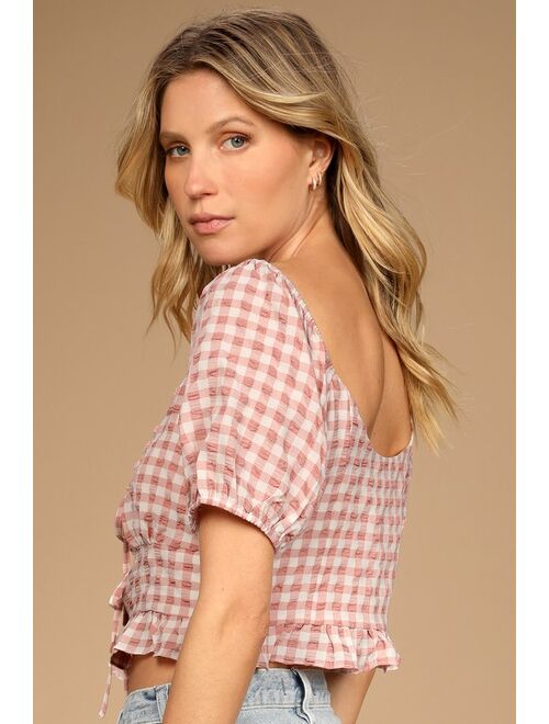 Lulus Pick A Posy Pink Gingham Tie-Front Puff Sleeve Top