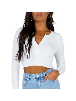 Wenazao Women's Scoop Neck Henley Shirts Long Sleeve Ribbed Knit Crop Top T Shirt Casual Button Down Slim Fit Tops Tee Blouse