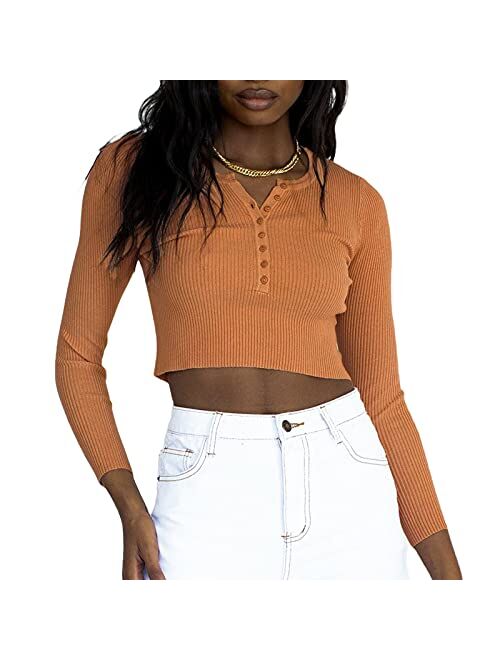 Wenazao Women's Scoop Neck Henley Shirts Long Sleeve Ribbed Knit Crop Top T Shirt Casual Button Down Slim Fit Tops Tee Blouse