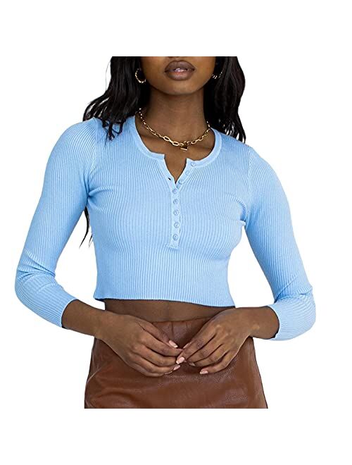 Wenazao Women's Scoop Neck Henley Shirts Long Sleeve Ribbed Knit Crop Top T Shirt Casual Button Down Slim Fit Tops Tee Blouse