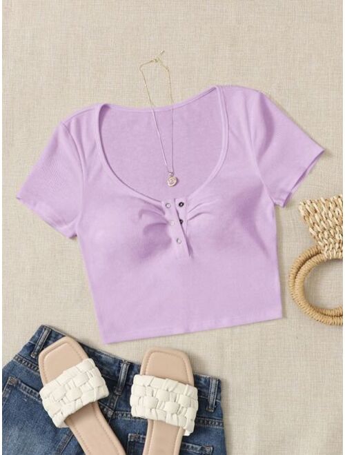 SHEIN Press Button Half Placket Tee