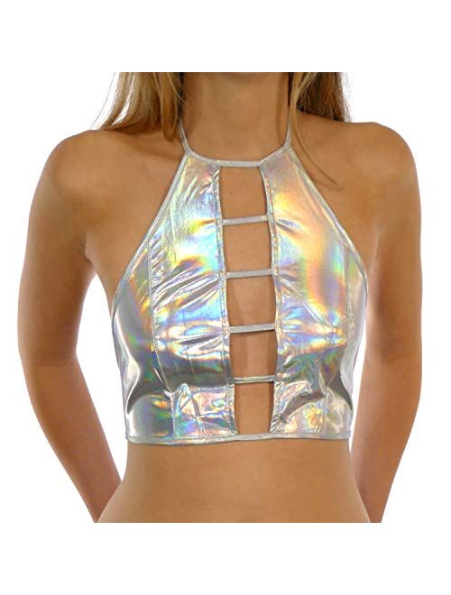 Shop Delfina Holographic Festival Rave Wear Women's Metallic Crop Top