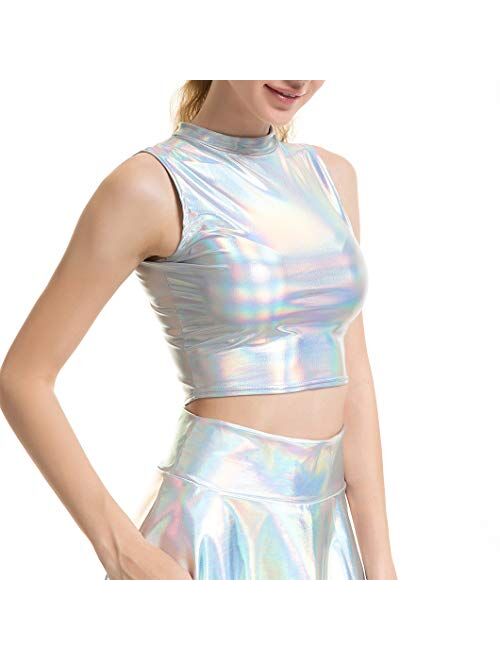 Maxrise Women Metallic Tank Tops, Shiny Crop Top for Dancing, Raves, Festivals, Costumes