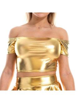 FlyCC Women's Metallic Crop Tops Sexy Off Shoulder Slim Tees Shirt Rave Dance Crop Tank Tops