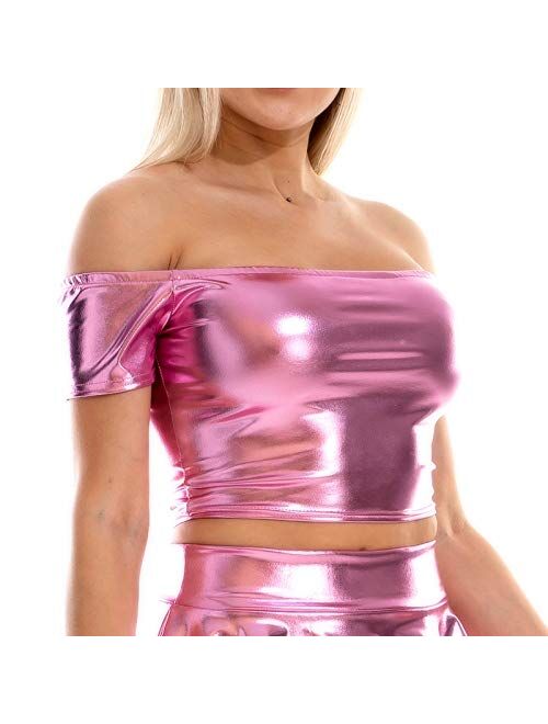 FlyCC Women's Metallic Crop Tops Sexy Off Shoulder Slim Tees Shirt Rave Dance Crop Tank Tops