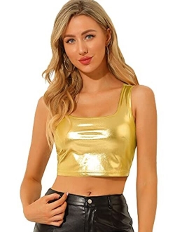 Women's U Neck Sleeveless Party Clubwear Shiny Metallic Crop Top