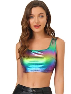 Women's U Neck Sleeveless Party Clubwear Shiny Metallic Crop Top