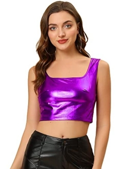 Women's U Neck Sleeveless Party Clubwear Shiny Metallic Crop Top