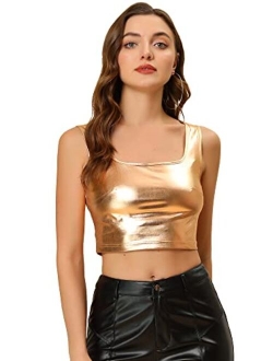 Women's U Neck Sleeveless Party Clubwear Shiny Metallic Crop Top