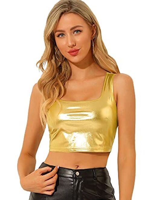 Allegra K Women's U Neck Sleeveless Party Clubwear Shiny Metallic Crop Top