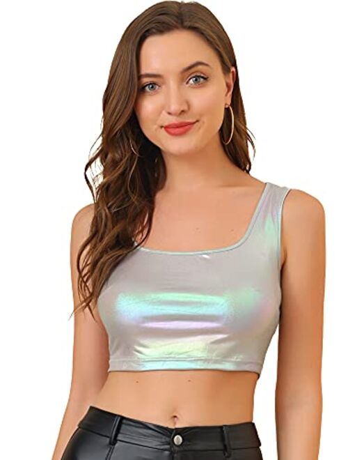 Allegra K Women's U Neck Sleeveless Party Clubwear Shiny Metallic Crop Top