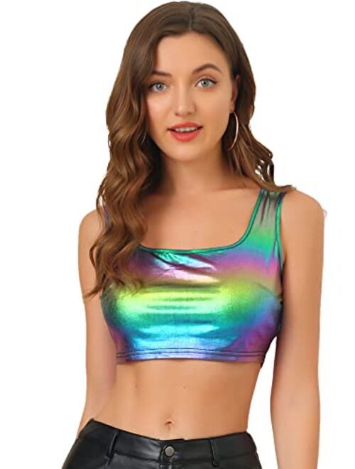 Allegra K Women's U Neck Sleeveless Party Clubwear Shiny Metallic Crop Top