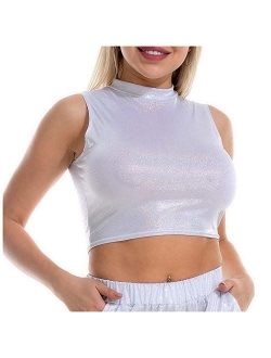 Mocure Womens Crop Top Tank Metallic Reflective Holographic Spaghetti Camisole