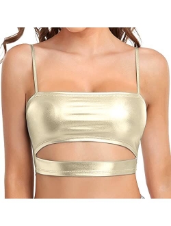 Mocure Womens Crop Top Tank Metallic Reflective Holographic Spaghetti Camisole