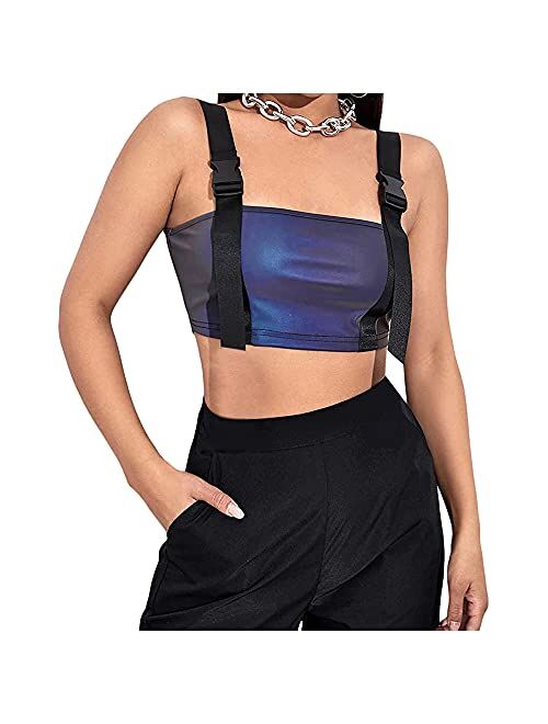 Mocure Womens Crop Top Tank Metallic Reflective Holographic Spaghetti Camisole