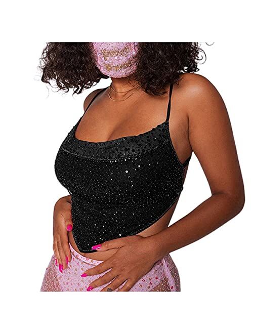 Mocure Womens Crop Top Tank Metallic Reflective Holographic Spaghetti Camisole