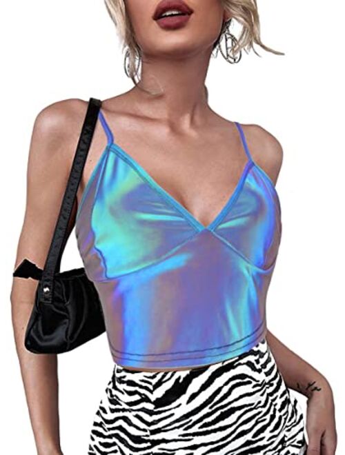 Mocure Womens Crop Top Tank Metallic Reflective Holographic Spaghetti Camisole