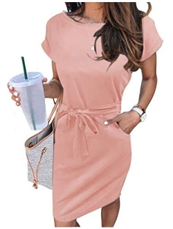 Women's Summer Striped Short Sleeve T Shirt Dress Casual Tie Waist with Pockets