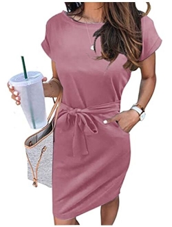 Women's Summer Striped Short Sleeve T Shirt Dress Casual Tie Waist with Pockets