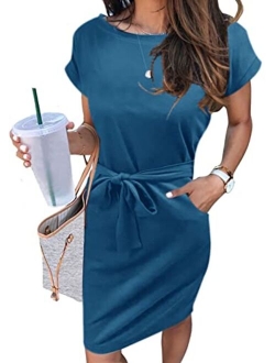 Women's Summer Striped Short Sleeve T Shirt Dress Casual Tie Waist with Pockets