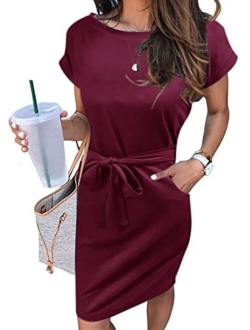 Women's Summer Striped Short Sleeve T Shirt Dress Casual Tie Waist with Pockets