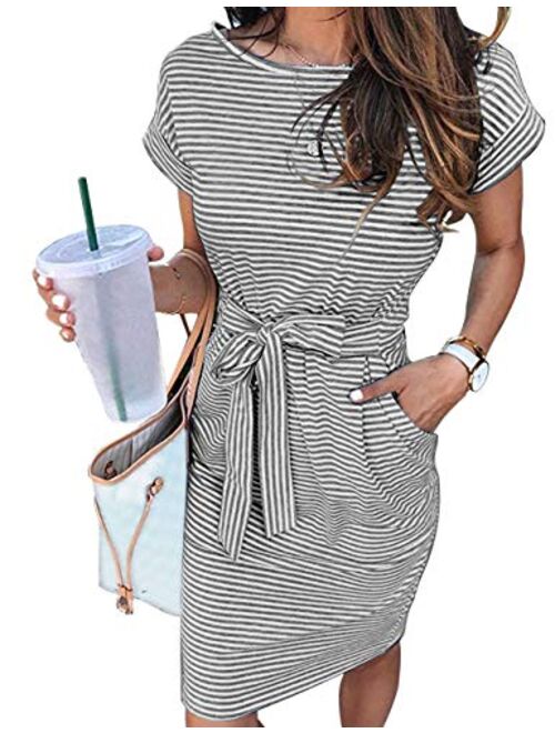 MEROKEETY Women's Summer Striped Short Sleeve T Shirt Dress Casual Tie Waist with Pockets