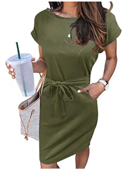 MEROKEETY Women's Summer Striped Short Sleeve T Shirt Dress Casual Tie Waist with Pockets