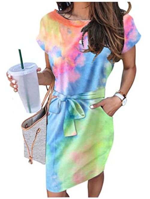 MEROKEETY Women's Summer Striped Short Sleeve T Shirt Dress Casual Tie Waist with Pockets