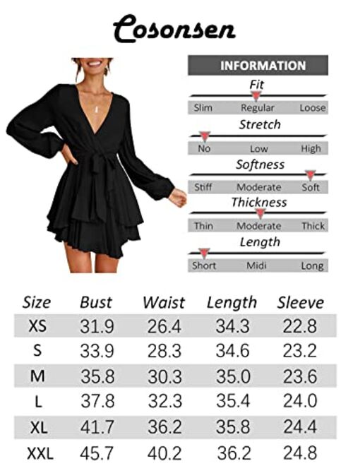 Cosonsen Women's Dress Deep V-Neck Long Sleeve Waist Tie Ruffle Mini Swing Skater Dresses