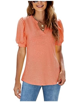 Romanstii Women Casual V-Neck T-Shirts Loose Puff Short-Sleeve Tops Tunic Blouse